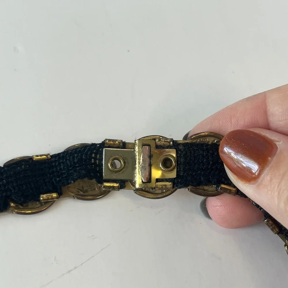 Vintage Gold‎ Roman Coin Belt Black Woven Backing Boho Grecian Medallion 35 Inch